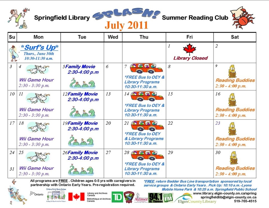 Summer Program Calendars Springfield Library Summer Reading Club 2011